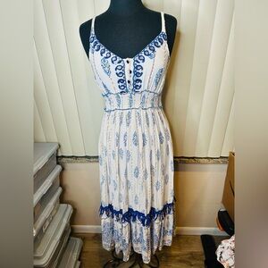 Me 2 Magic Anthropologie Blue Paisley Embroidered Boho Maxi Dress Size Large